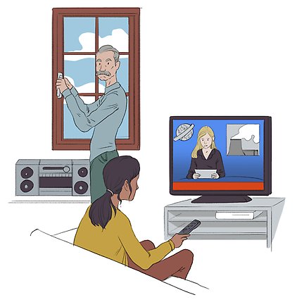 Illustration på personer som går inomhus, stänger fönster och dörr samt lyssnar på radio och tv.